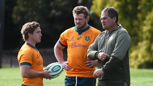 Michael Hooper (left), James Slipper (centre) and Dave Rennie (right) on Tuesday at Sanctuary Cove. 