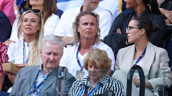 Dean Boxall (centre) at Rod Laver Arena. Not pictured: his Ralph Lauren trousers