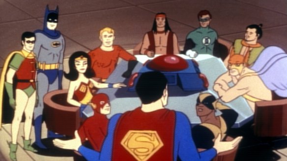The animated Superfriends: (back) Robin and Batman, Wonder Woman, Aquaman, Apache Chief, Green Lantern, Samurai and Hawkman, and (front) The Flash, Superman and Black Vulcan.
