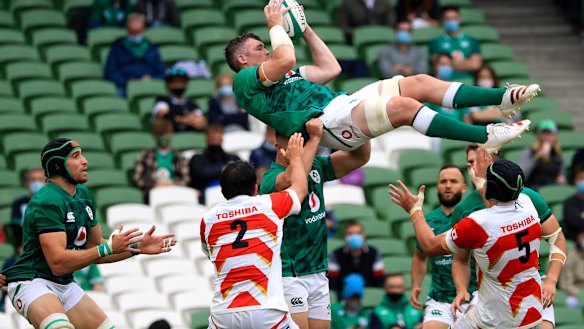 Ireland’s Peter O’Mahony is held aloft as he wins a lineout against Japan at Aviva Stadium in Dublin on July 3.