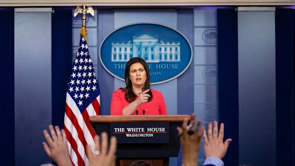Sarah Huckabee Sanders, the White House press secretary, speaks to reporters during a briefing at the White House in Washington on Wednesday.