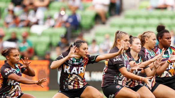 Challenge: The Indigenous All Stars perform a traditional battle cry.