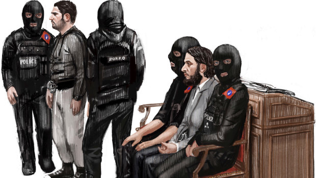 In this file courtroom sketch of February 5, 2018, Salah Abdeslam, second right, and Sofiane Ayari, second left, attend their trial at the Brussels Justice Palace.