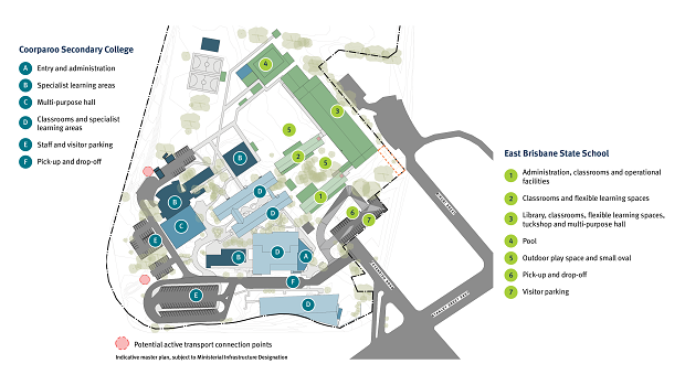 The master plan for the new Coorparoo Secondary College and East Brisbane State School at Coorparoo. 