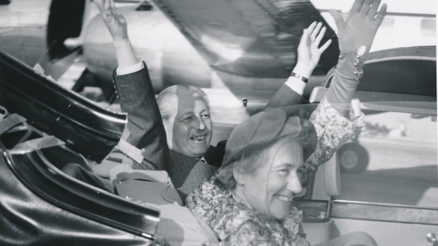 British Prime Minister Harold Macmillan waving to the crowd which greeted him and Lady Dorothy Macmillan on their arrival at Melbourne airport 