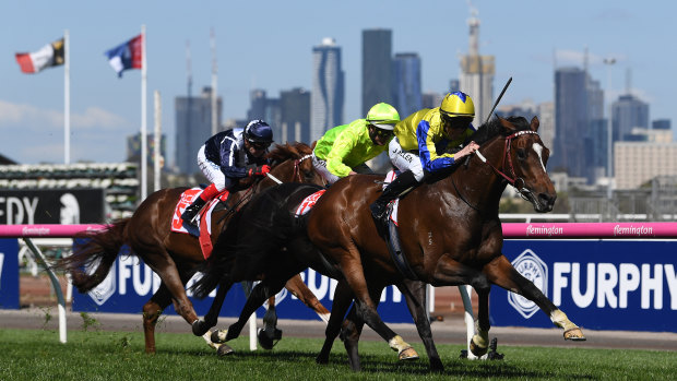 John Allen rides rides Extra Brut to victory in the UCI Stakes at Flemington Racecourse on Saturday.  