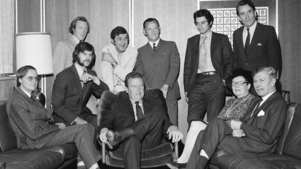 Graham Perkin (seated in the armchair) with Age journalists.