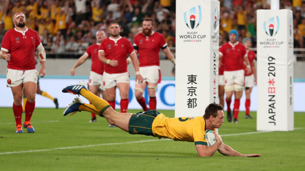 Haylett-Petty scores a try against Wales at the 2019 Rugby World Cup.
