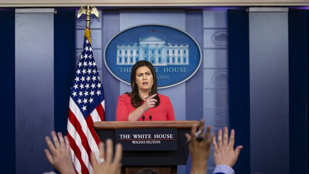 Sarah Huckabee Sanders, the White House press secretary, speaks to reporters during a briefing at the White House in Washington on Wednesday.