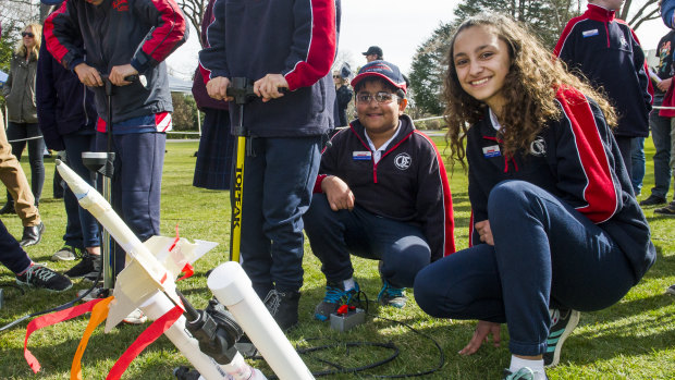 Year six students Berzebic Berzebic and Magdalena Velovski test their rockets at the 2018 Governor-General's design challenge. 
