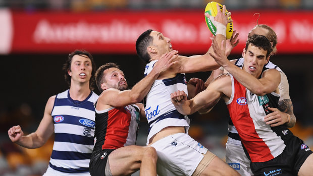 Cats defender Harry Taylor is likely to play on Tom Lynch in the grand final. 