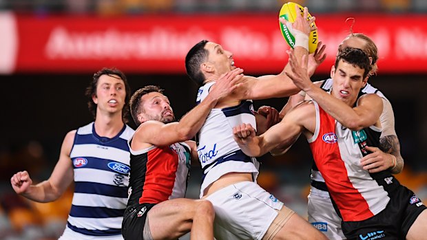 Cats defender Harry Taylor is likely to play on Tom Lynch in the grand final. 