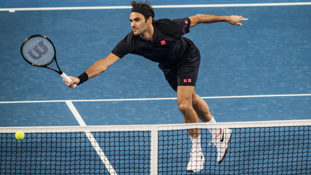 Roger Federer in action for Switzerland at the Hopman Cup on Sunday.