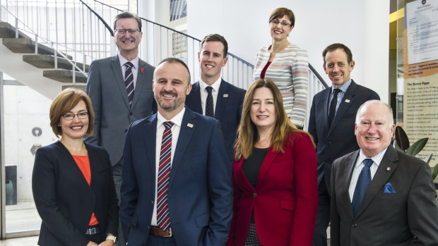 New Cabinet: Gordon Ramsay, Chris Steel, Rachel Stephen-Smith, Shane Rattenbury, Meegan Fitzharris, Chief Minister Andrew Barr, Deputy Cheif Minister Yvette Berry and Mick Gentleman.  
