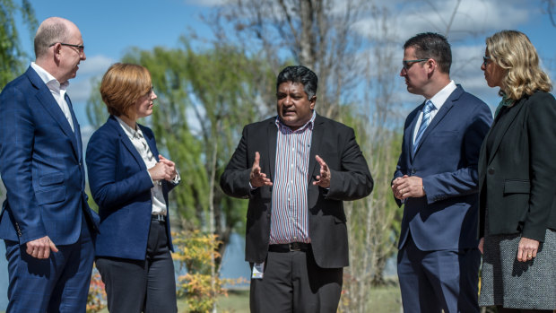 Director of palliative care Dr Suharsha Kanathigoda, (centre) with Snow Foundation's Stephen Byron, Minister for Health and Wellbeing Meegan Fitzharris ACT Senator Zed Seselja and Snow Foundation chief executive Georgina Byron. Dr Kanathigoda said getting news of the expansion made today the happiest of his life.
