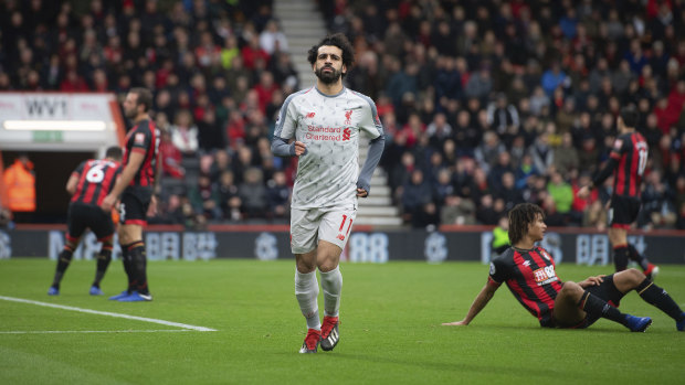 Mohamed Salah celebrates his second goal on the way to a hat-trick and a 4-0 win for Liverpool.
