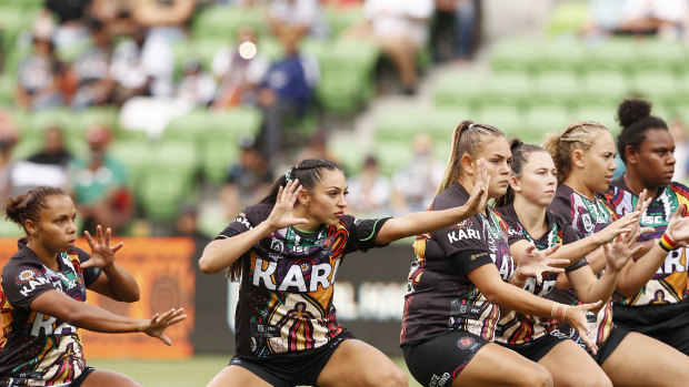 Challenge: The Indigenous All Stars perform a traditional battle cry.