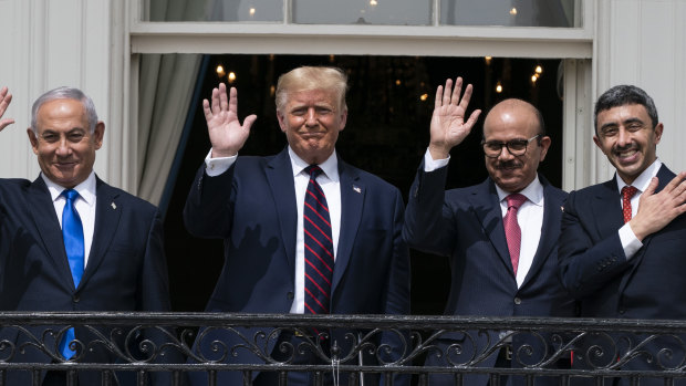 Israeli Prime Minister Benjamin Netanyahu, left, US President Donald Trump, Bahrain Foreign Minister Khalid bin Ahmed al-Khalifa and United Arab Emirates Foreign Minister Abdullah bin Zayed al-Nahyan.