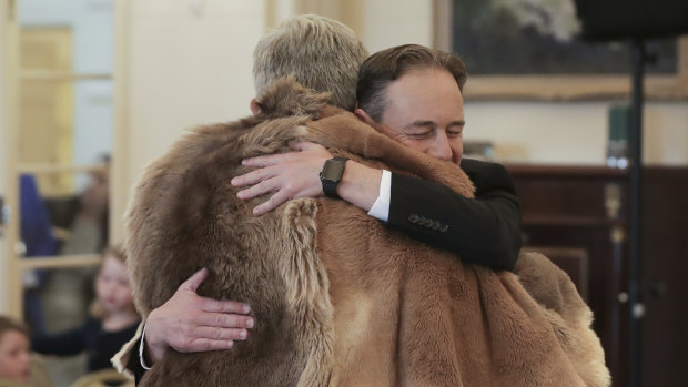 Greg Hunt embraces Ken Wyatt, sworn in this week as Minister for Indigenous Australians.