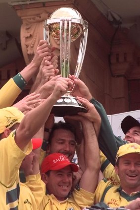 Australia’s Ricky Ponting (centre) with Damien Fleming behind him after the 1999 Cricket World Cup win.