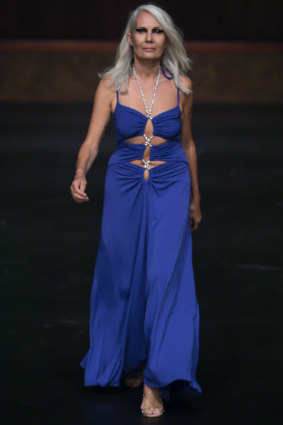 A model walks in Nicola Finetti during Deni Todorovic’s opening runway show at Melbourne Fashion Week.