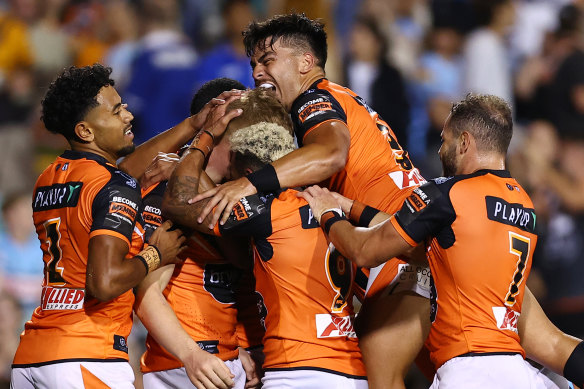 The Wests Tigers during their win over the Sharks.