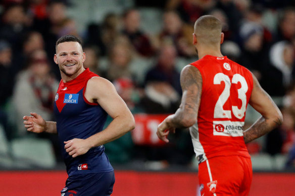 Steven May came out on top against  Lance Franklin but the Swans won the game.