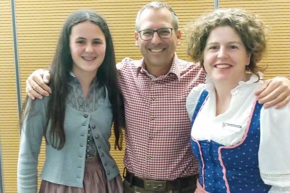 Alison Ciolli, Martin Lehrer and Katrina Ciolli, of Bright P-12 College, in traditional German dress.