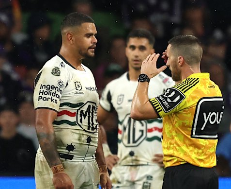 South Sydney’s Latrell Mitchell is sent to the bin on Friday night.