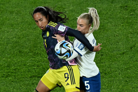 Colombia’s Mayra Ramirez in action with England’s Alex Greenwood.