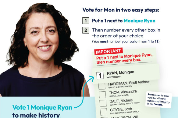 Monique Ryan’s how-to-vote cards have been causing some confusion at the ballot box.