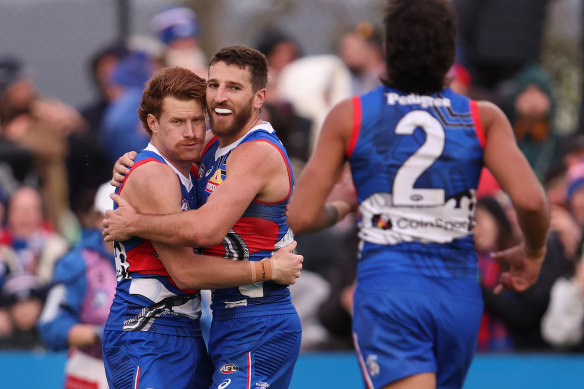 Marcus Bontempelli celebrates a goal for the Bulldogs in Ballarat.