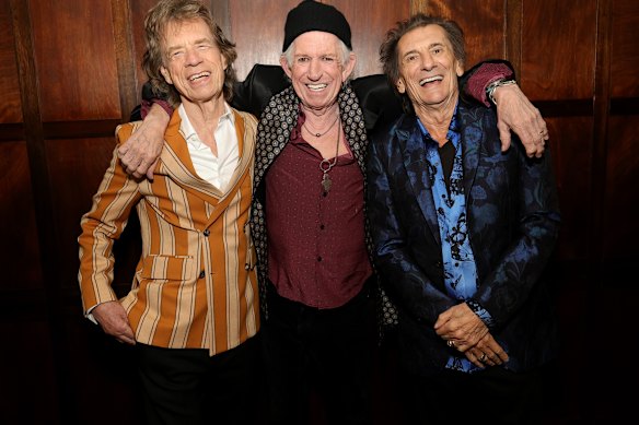 Mick Jagger, Keith Richards and Ronnie Wood at the announcement of the Rolling Stones album Foreign Tongues, due out this year.