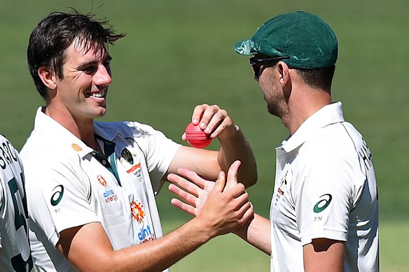 On fire: Josh Hazlewood, right, and Pat Cummins, left, were on song against India on Saturday. 