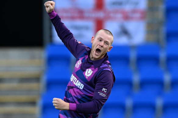 Scotland’s Michael Leak celebrates a wicket against former cricket superpower, the West Indies.