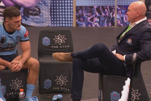 Blues assistant coach Paul McGregor consoles Nathan Cleary after Origin I.