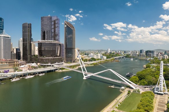 The Neville Bonner Bridge connects South Bank to level four of the Queen’s Wharf development. Levels five and six will be the gaming floors. 