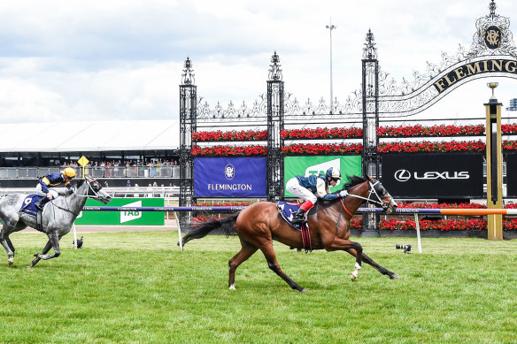 Soulcombe, ridden by Craig Williams, wins the Queen’s Cup at Flemington. Connections, including a selection of Tigers stars, are already eyeing the 2023 Melbourne Cup.