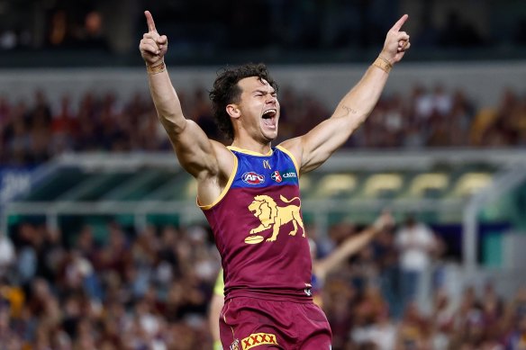 Cam Rayner celebrates a goal during the Lions’ elimination final victory over Carlton last weekend.