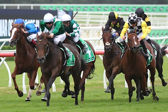 Tommy Berry takes Manaal (second from left) to victory in the Sweet Embrace Stakes in 2024.