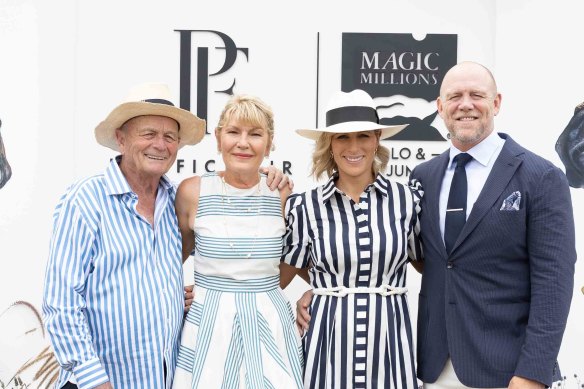 Gerry Harvey, Katie Page-Harvey and Zara and Mike Tindall at the Magic Millions Polo and Showjumping.