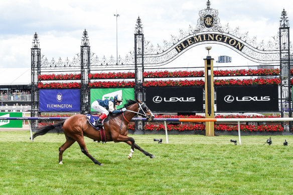 Soulcombe, ridden by Craig Williams, wins the Queen’s Cup at Flemington. Connections, including a selection of Tigers stars, are already eyeing the 2023 Melbourne Cup.