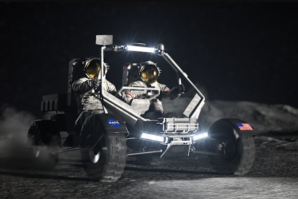 Un concept design artistico del Lunar Terrain Vehicle della NASA, che può essere sia con equipaggio che senza equipaggio, progettato per stabilire le basi per una mobilità di superficie sostenuta.