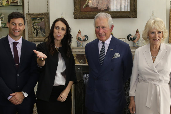 Charles and Camilla with then NZ prime minister Jacinda Ardern and her partner Clarke Gayford in London in April 2018. 