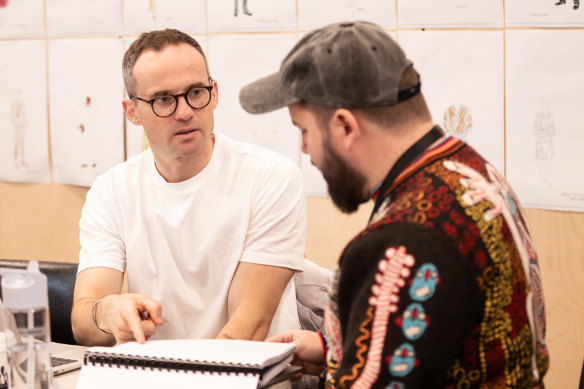 Tommy Murphy (left) and director Kip Williams during rehearsal for On the Beach at Sydney Theatre Company.