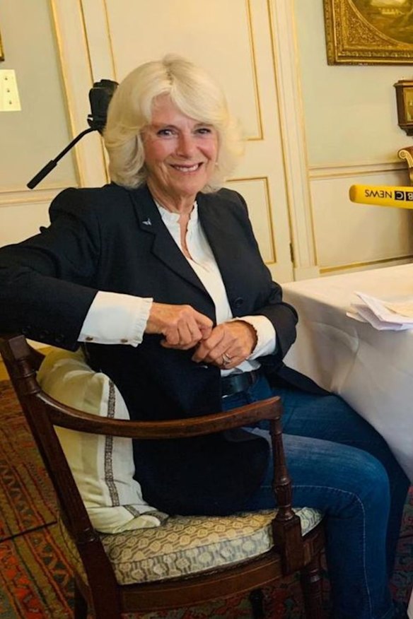 Queen Camilla at Clarence House conducting a radio interview with the BBC in 2020.