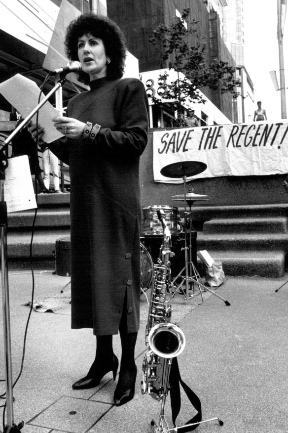 Clover Moore as the member for Bligh addresses a lunch time crowd  in Martin Place to help save the Regent Theatre in 1988.