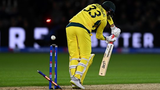 Marnus Labuschagne is bowled by Brydon Carse in the one-dayer at Lord’s.
