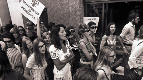 Germaine Greer takes part in a march in Sydney in March 1972, just days after her Auckland court appearance. 