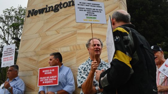 Parents and former Newington College students protested outside the Stanmore campus last month.